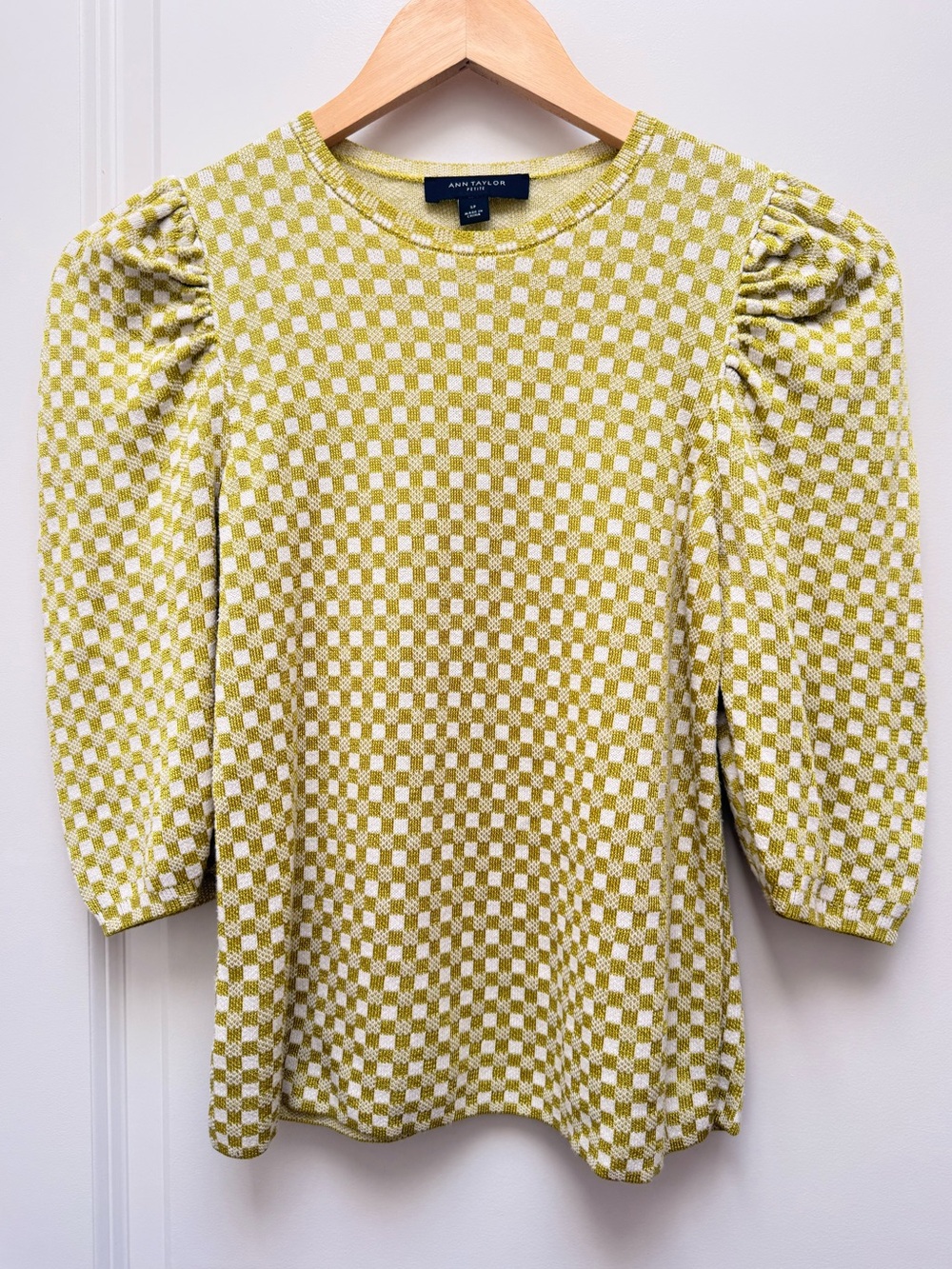 Ann Taylor Petite Chartreuse Puff Sleeve Check Sweater Size SP - Picture 8 of 11
